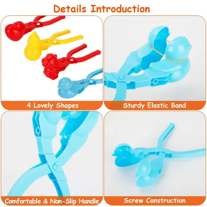 Snowball makers with elastic bands, screw joints, anti-slip handles, and four unique mold shapes