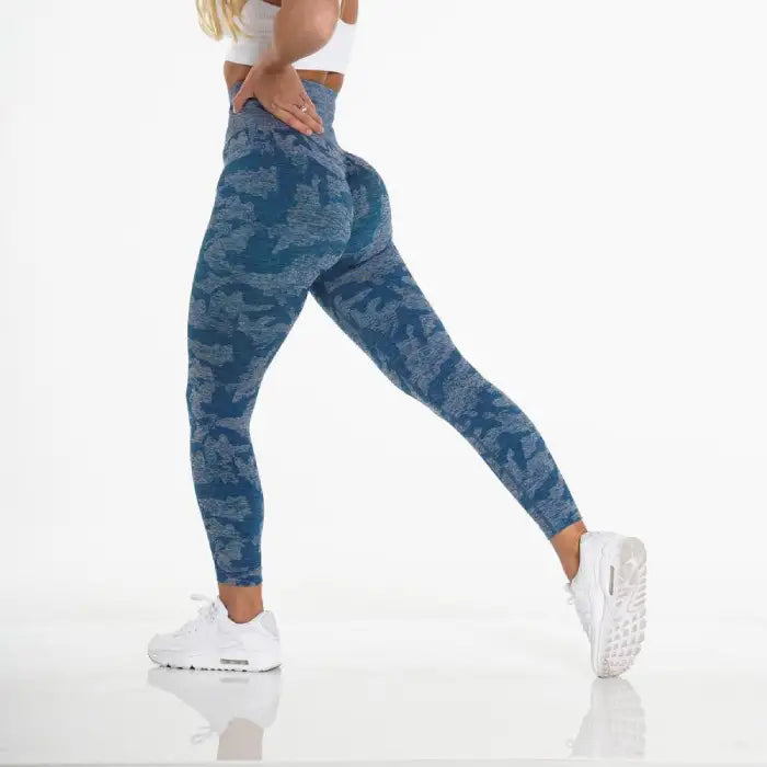 Snowflake yoga pants in blue camo featuring seamless high-rise waistband and stretch comfort.