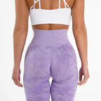 Snowflake yoga pants rear view in lavender with soft seamless shaping and compression waistband.