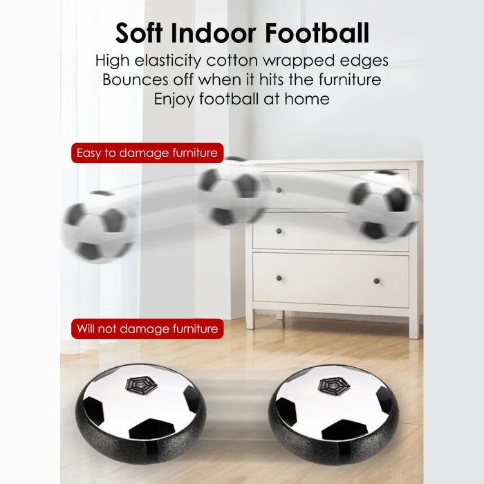 Floating football toy with soft edges designed for safe indoor use, protecting furniture from damage during play.