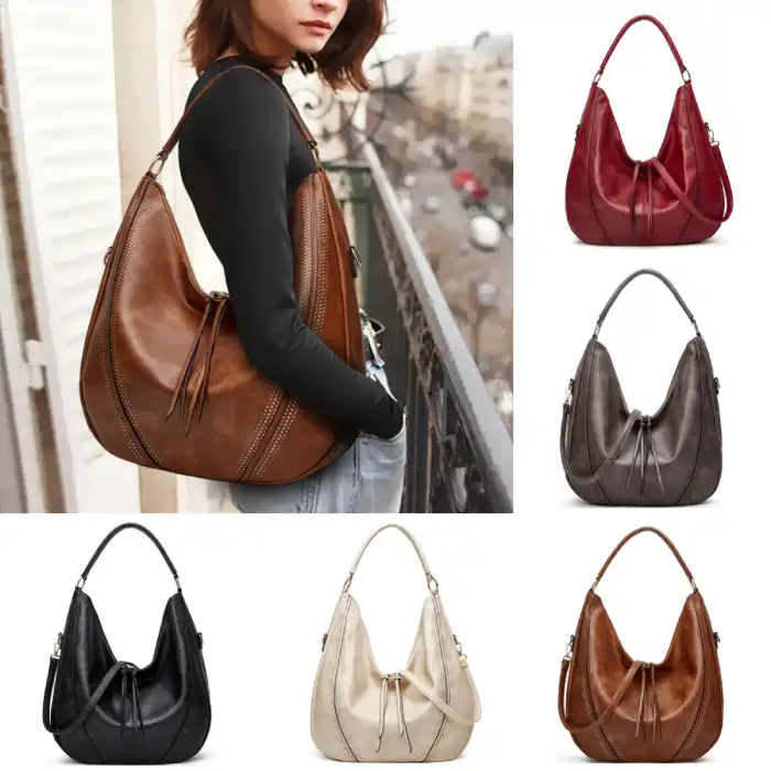  Soft leather hobo bag with perforated detail shown in multiple colors with matching pouch, lifestyle view included.