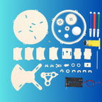 Solar system DIY kit parts including gears, wooden panels, motor, battery pack and foam balls