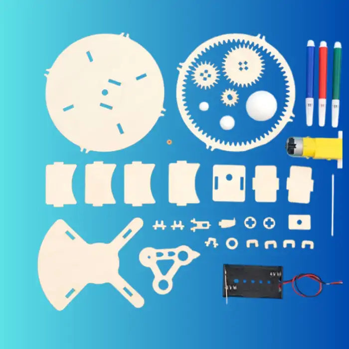 Solar system DIY kit parts including gears, wooden panels, motor, battery pack and foam balls