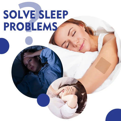 Solve sleep problems with patches, featuring a woman wearing a patch and examples of insomnia-related issues.