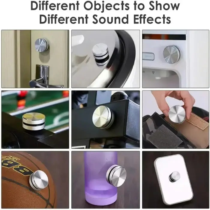 sound effects control knobs showing various silver metallic dials mounted on different objects including sports equipment and devices