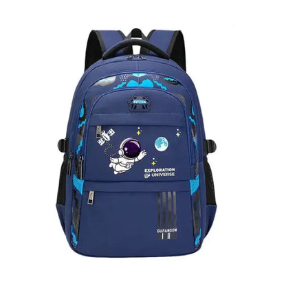 Navy blue backpack with astronaut and planet designs, multiple compartments, and side pockets