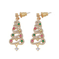 Sparkling gold Christmas tree earrings with multicolor gemstones, ideal for holiday celebrations and style.