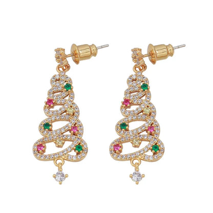 Sparkling gold Christmas tree earrings with multicolor gemstones, ideal for holiday celebrations and style.