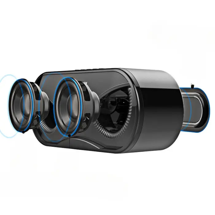 Cross-section view of a black speaker showing internal components, drivers, and blue accent lighting