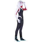 Side profile of Spider-Gwen costume with hand lifting hood and red sleeve detailing.