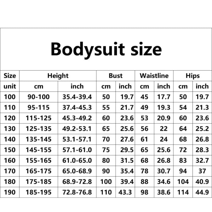 Spider-Gwen costume sizing chart showing height, bust, waist, and hip measurements.