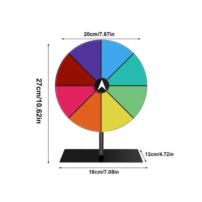 Spin wheel with detailed dimensions highlighted, perfect for understanding size specifications for parties.