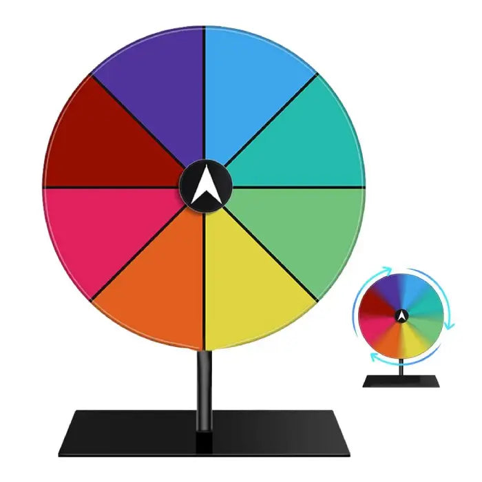 Vibrant colorful game spin wheel with a sturdy base, suitable for dynamic party and event games.