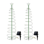 Solar-powered spiral Christmas trees with star toppers and green frames, perfect for outdoor holiday decorations