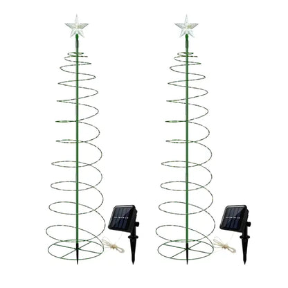 Solar-powered spiral Christmas trees with star toppers and green frames, perfect for outdoor holiday decorations