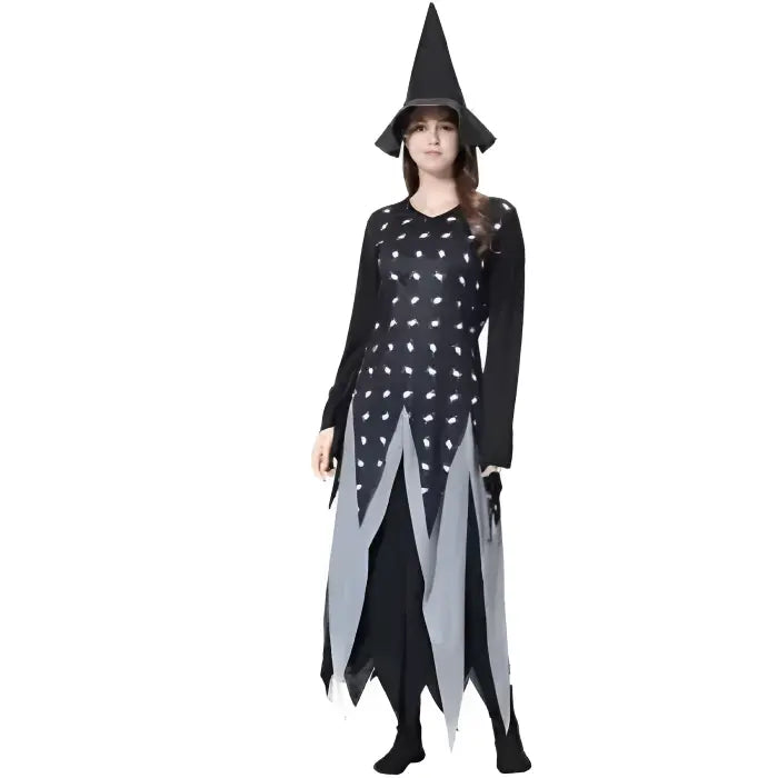 Spooky witch Halloween costume with pointed hat and jagged black dress.