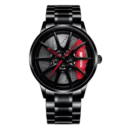 Black wristwatch with red details on dial, resembling car wheel design, featuring a sturdy metal link bracelet white background