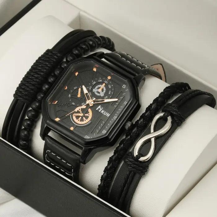 square leather strap watch in full black with multi-bracelet bundle arranged in gift box, premium men’s analog timepiece for fashion styling