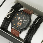 square leather strap watch in brown with matching bracelet bundle set displayed in box, stylish men’s wristwatch combo for gifting value