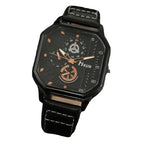 square leather strap watch isolated on white background with stitched band and copper-tone dial accents, modern men’s analog timepiece