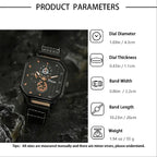 square leather strap watch shown beside product parameters including dial size and band length, clear specification layout for buyers