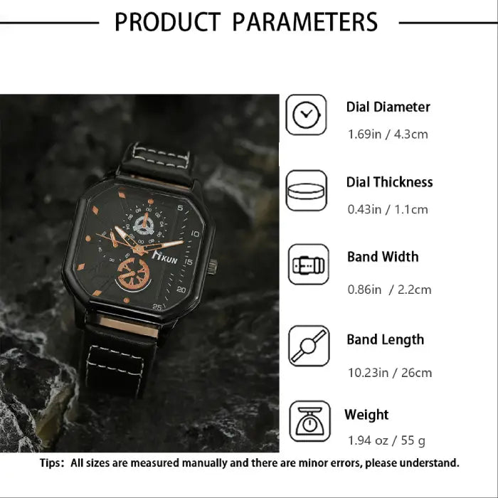 square leather strap watch shown beside product parameters including dial size and band length, clear specification layout for buyers