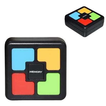 Square-shaped memory game toy with four colorful buttons in red, blue, yellow, and green.