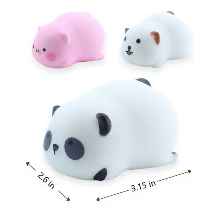 Squeeze toys in pig, bear, and panda shapes with size dimensions on white background.