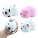 Squeeze toys panda, pig, and bear shown being compressed and shaped by hand for softness demo.