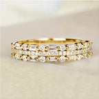 Stackable ring set in gold featuring crystal baguette stones and layered band style offering elegant sparkling fashion for daily wear
