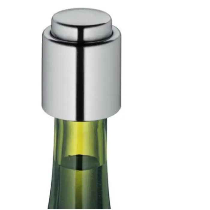 Stainless steel wine bottle stopper sealing an open wine bottle for airtight preservation.