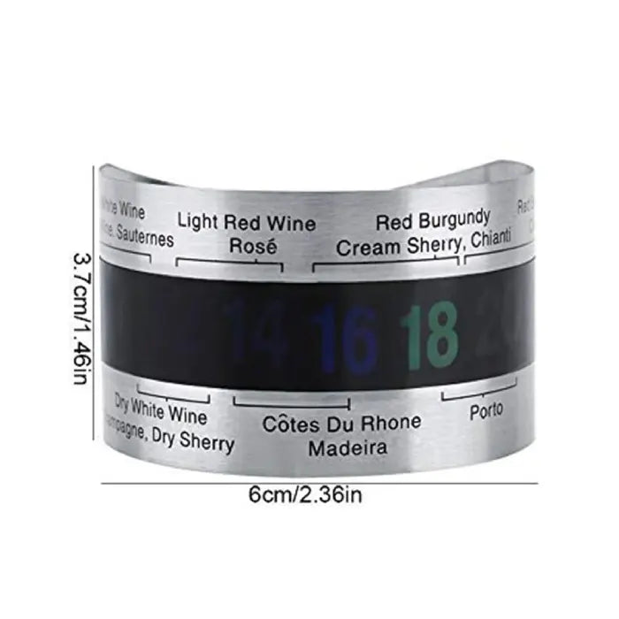 Stainless steel wine thermometer band displaying temperatures for wine types, labeled with measurements of 6cm by 3.7cm.