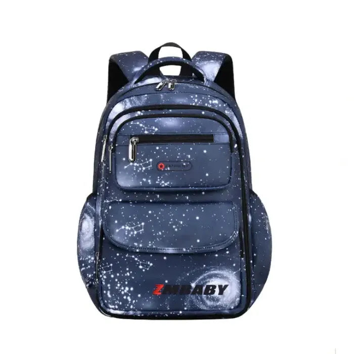 Navy blue backpack with starry night pattern, multiple compartments, and size specifications shown