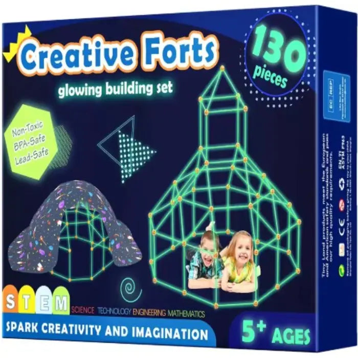 Creative Forts 130-piece STEM building set packaging featuring glow-in-dark technology and non-toxic materials for ages 5+