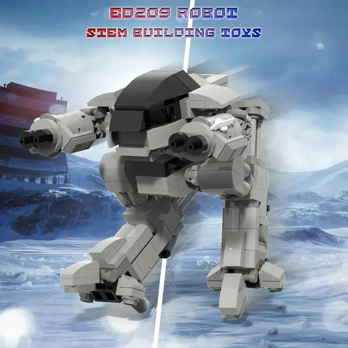 ED209-inspired robot STEM building toy displayed in an icy environment with a split blue background.