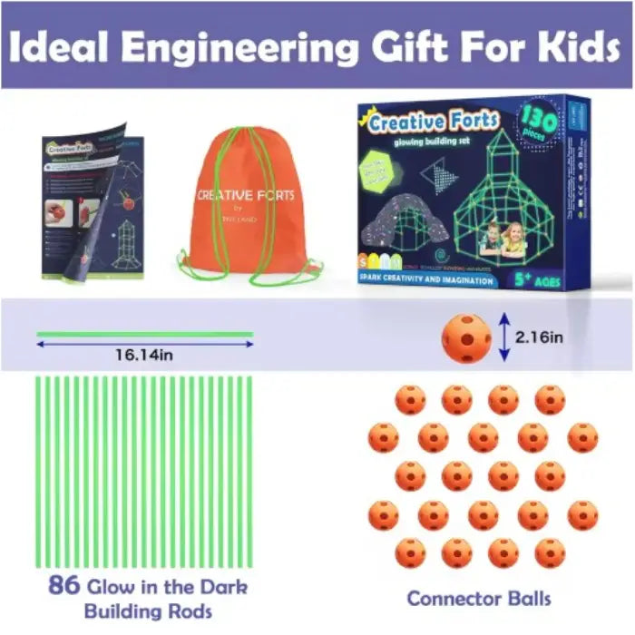 Educational STEM fort building kit with 86 glow-in-dark rods and connector balls for creative construction projects