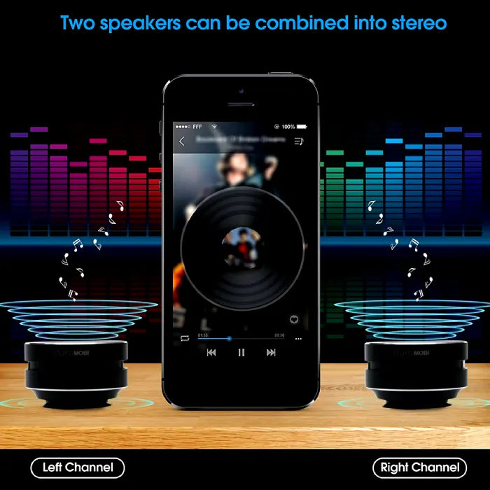 Dual DuraMOBI speakers with iPhone displaying music player, colorful equalizer background for wireless stereo sound 