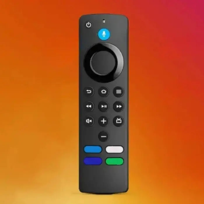 Black smart remote with circular navigation pad, voice control button, and colorful shortcut keys on vibrant orange-red-purple gradient background