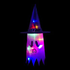 String lights with sad-faced ghost wearing witch hat and glowing LED lights.