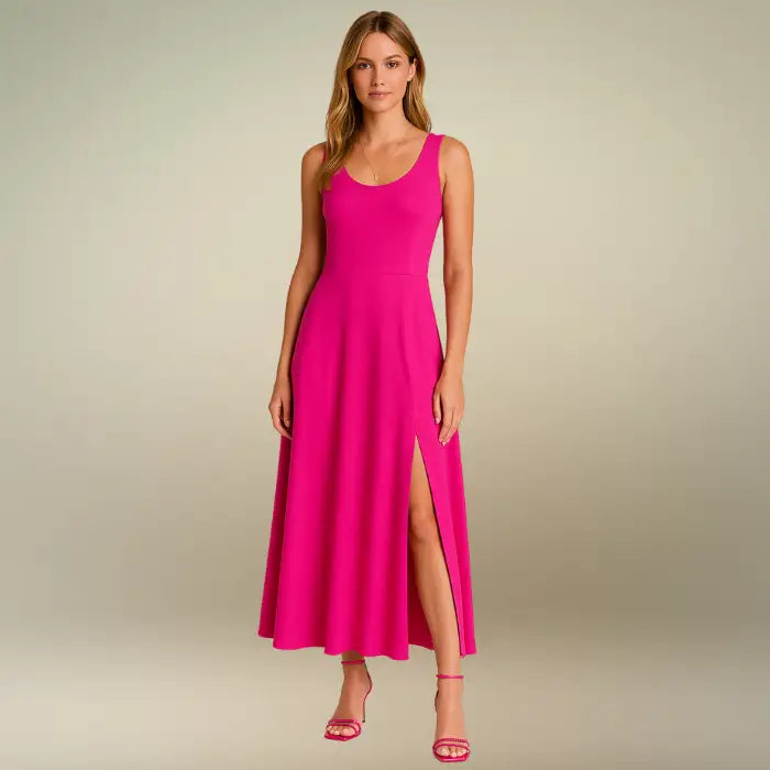 Front studio view of the fuchsia sleeveless midi dress with scoop neck and A-line cut. Buy this best-selling comfortable midi dress style in multiple colors today.