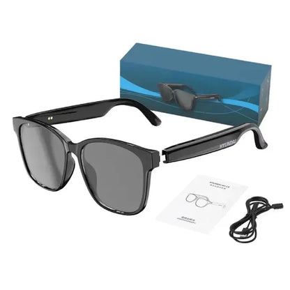 Stylish black smart glasses showcased with box, emphasizing sleek design.