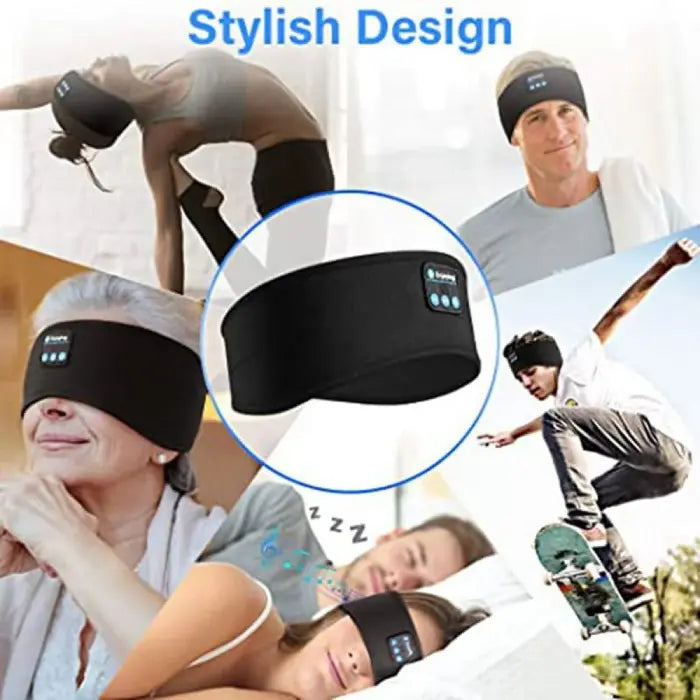 Multi-use Bluetooth headband for yoga, sleep, and outdoor activities like skating.