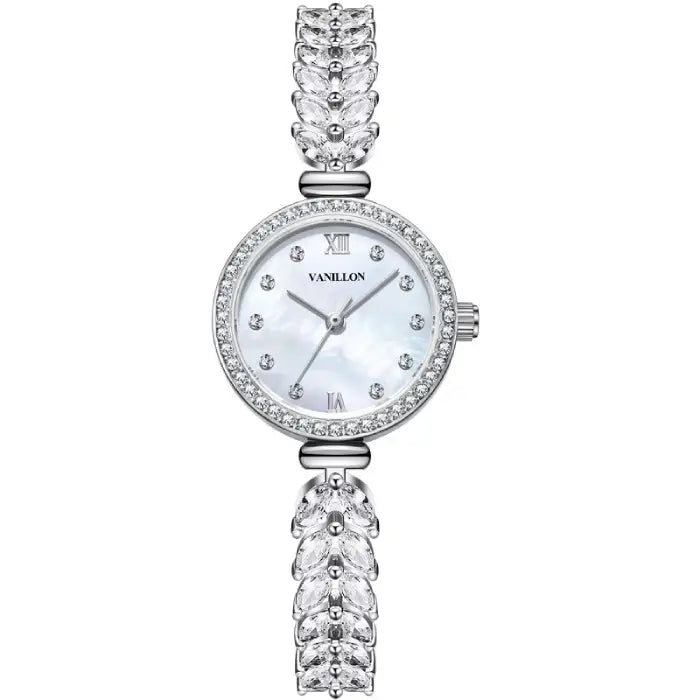 Elegant silver stylish bracelet watch with diamond accents and a minimalist design.