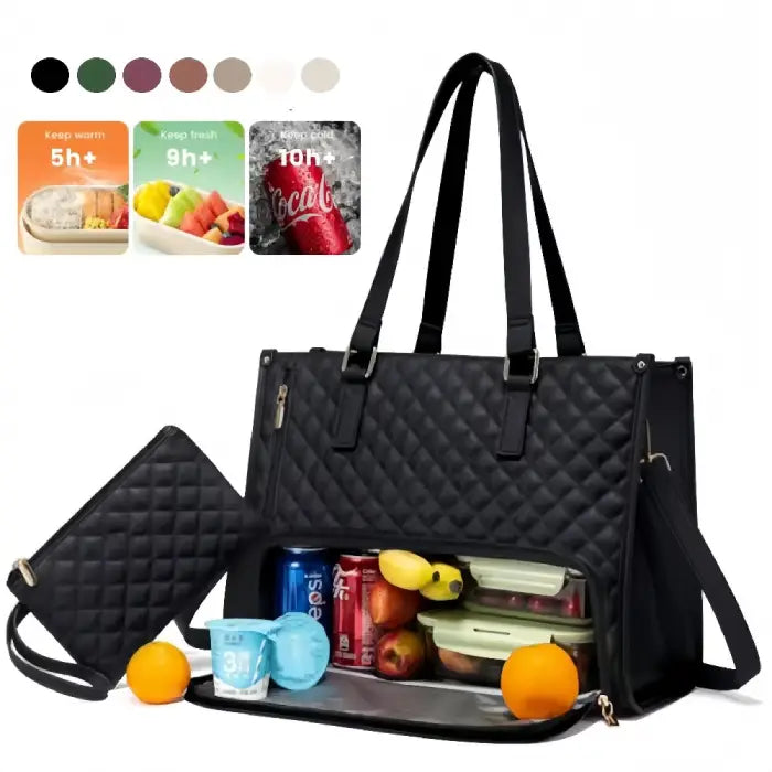 Stylish insulated laptop lunch bag for women in black with separate food storage and zipper pouch.
