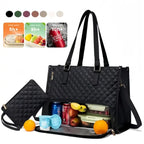 Stylish insulated laptop lunch bag for women in black with separate food storage and zipper pouch.