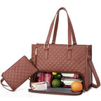 Stylish insulated laptop lunch bag for women in soft brown leather with lunch storage and drink cans.