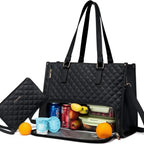 Stylish insulated laptop lunch bag for women in black leather texture with matching detachable pouch.