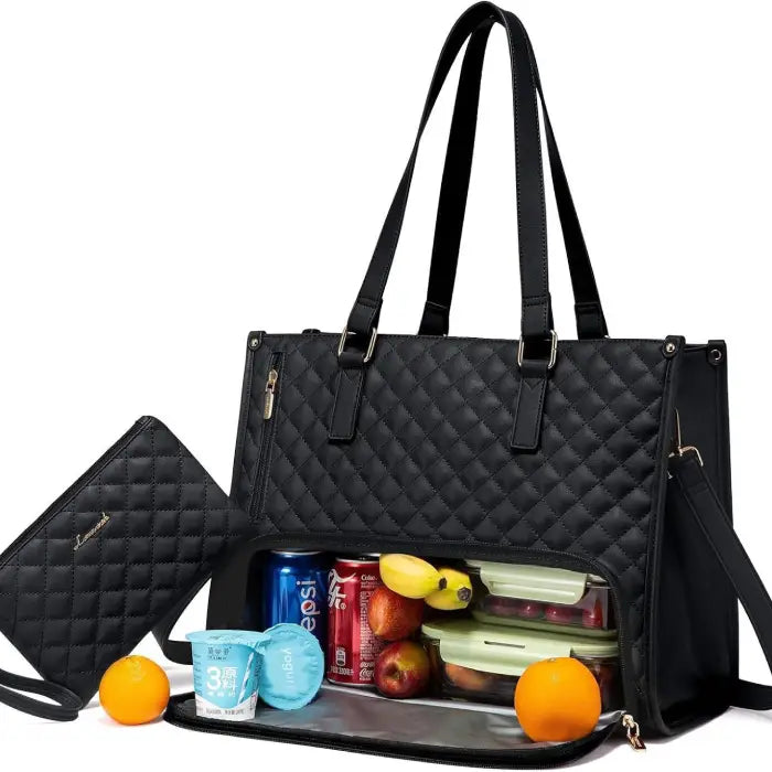 Stylish insulated laptop lunch bag for women in black leather texture with matching detachable pouch.