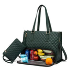 Stylish insulated laptop lunch bag for women in dark green with food compartments and elegant finish.