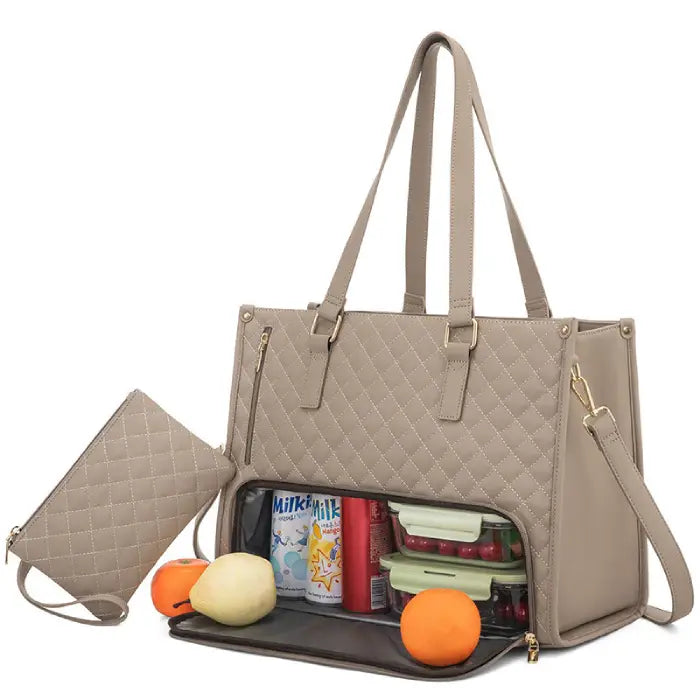 Stylish insulated laptop lunch bag for women in khaki beige color with food containers and fruits.